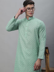 Men's Cotton Linen Sea Green Foil Printed Long Kurta