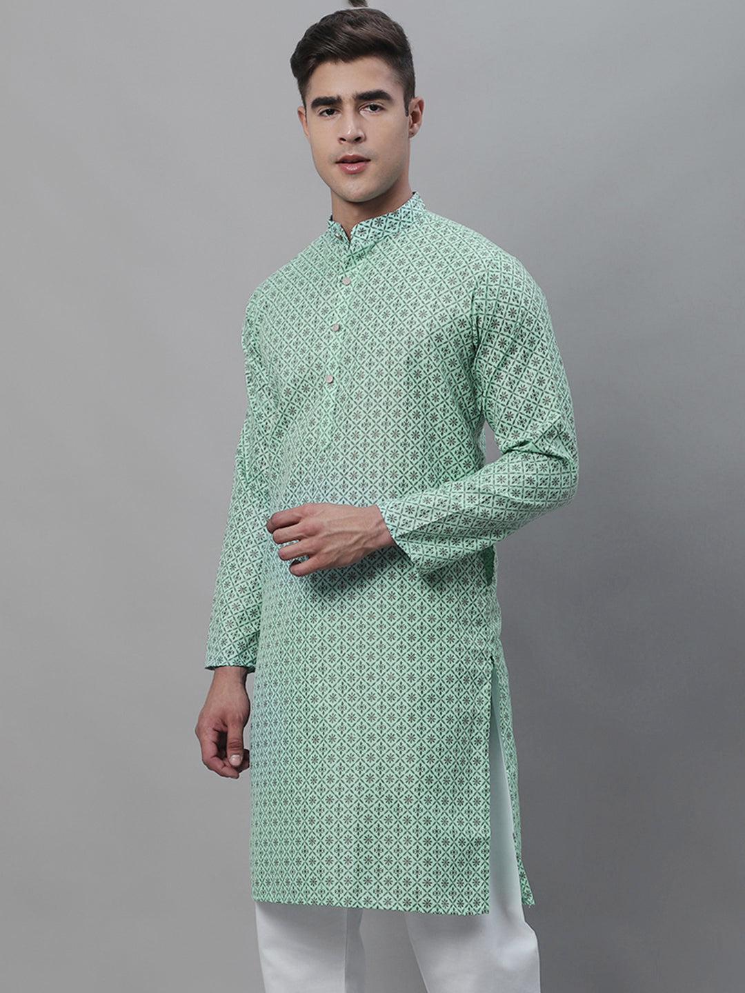 Men's Cotton Linen Sea Green Foil Printed Long Kurta