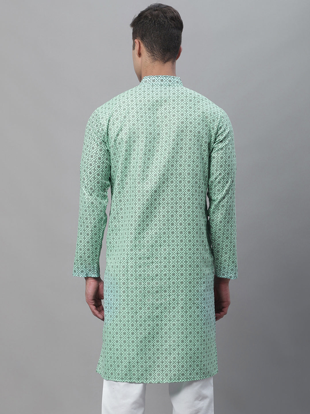 Men's Cotton Linen Sea Green Foil Printed Long Kurta