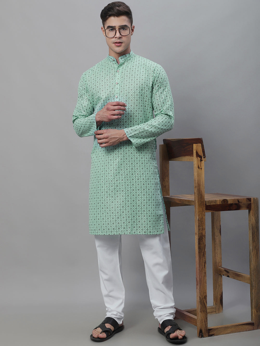 Men's Cotton Linen Sea Green Foil Printed Long Kurta