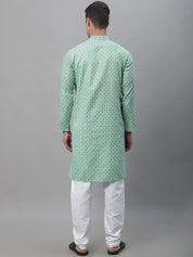 Men's Cotton Linen Sea Green Foil Printed Kurta and White Pyjama Set