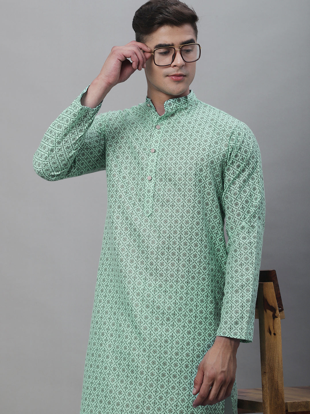 Men's Cotton Linen Sea Green Foil Printed Kurta and White Pyjama Set