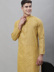 Men's Cotton Linen Foil Printed Mustard Long Kurta