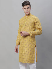 Men's Cotton Linen Foil Printed Mustard Long Kurta