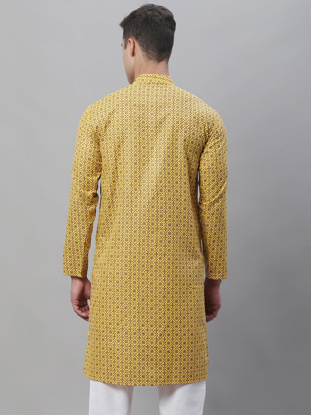 Men's Cotton Linen Foil Printed Mustard Long Kurta