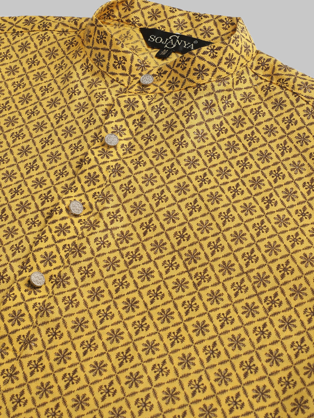 Men's Cotton Linen Foil Printed Mustard Long Kurta