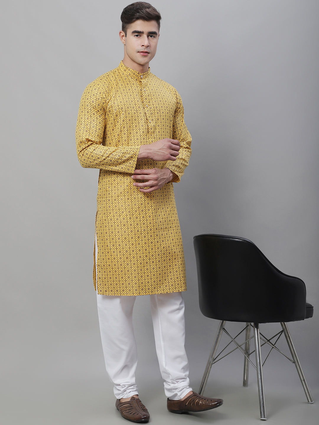 Men's Cotton Linen Foil Printed Mustard Long Kurta