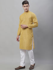 Men's Cotton Linen Mustard Foil Printed Kurta and White Pyjama Set