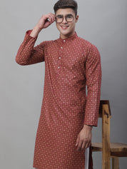 Men's Cotton Linen Foil Printed Maroon Long Kurta