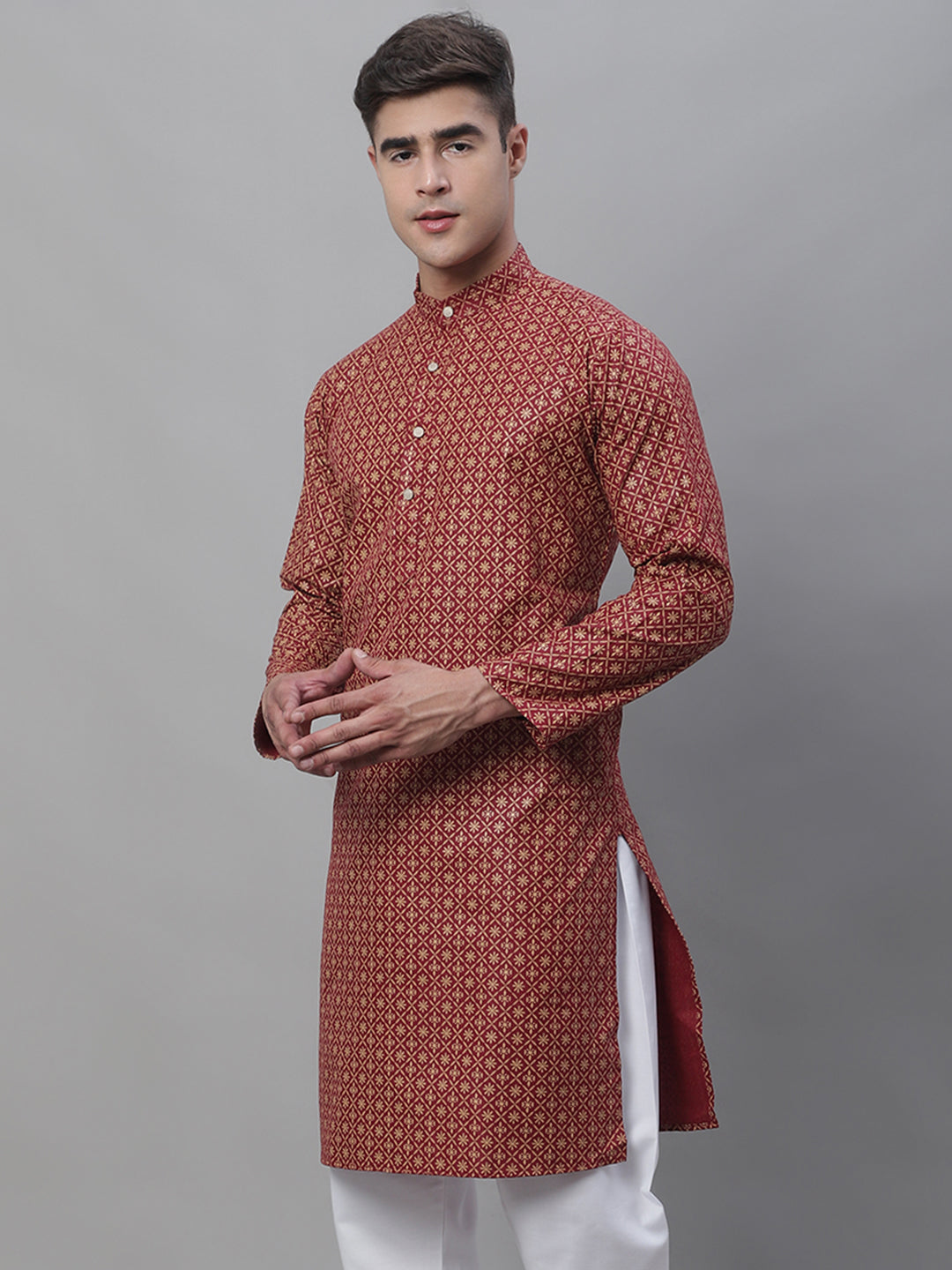 Men's Cotton Linen Foil Printed Maroon Long Kurta