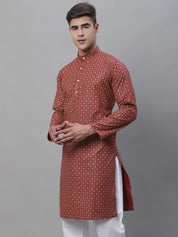 Men's Cotton Linen Foil Printed Maroon Long Kurta