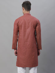 Men's Cotton Linen Foil Printed Maroon Long Kurta