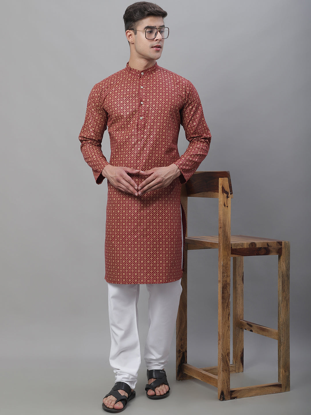 Men's Cotton Linen Foil Printed Maroon Long Kurta