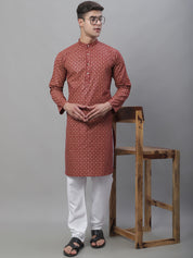 Men's Cotton Linen Foil Printed Maroon Long Kurta