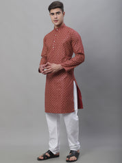 Men's Cotton Linen Maroon Foil Printed Kurta and White Pyjama Set