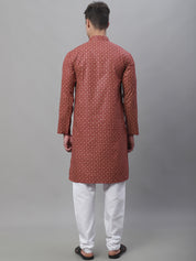 Men's Cotton Linen Maroon Foil Printed Kurta and White Pyjama Set