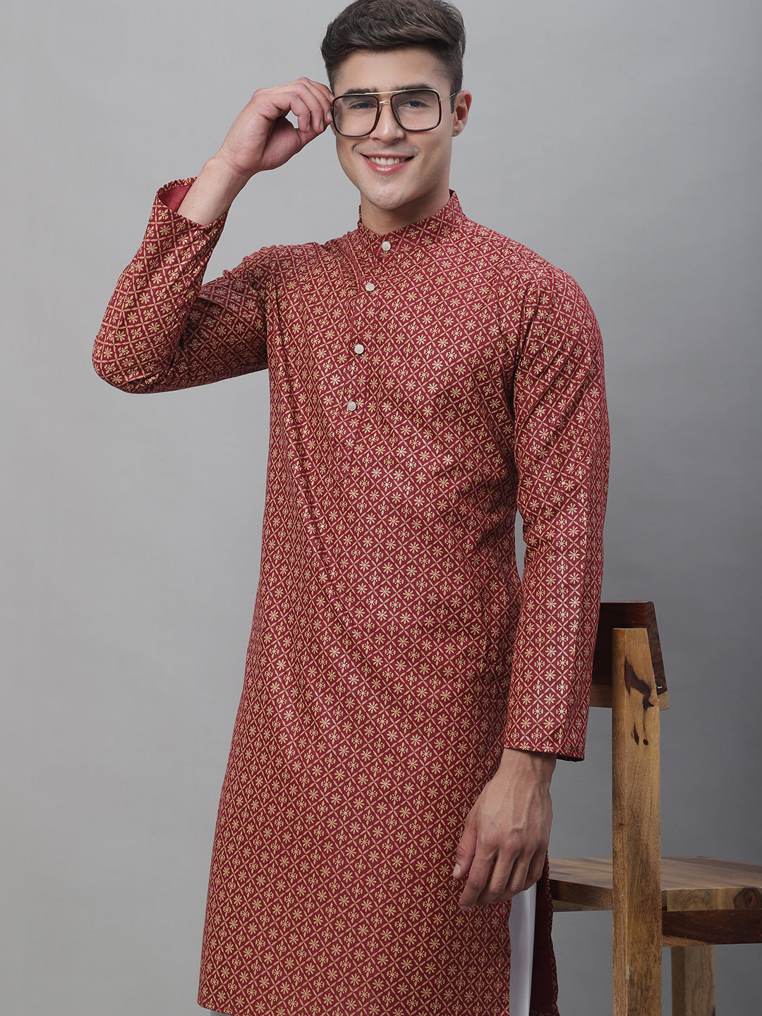 Men's Cotton Linen Maroon Foil Printed Kurta and White Pyjama Set