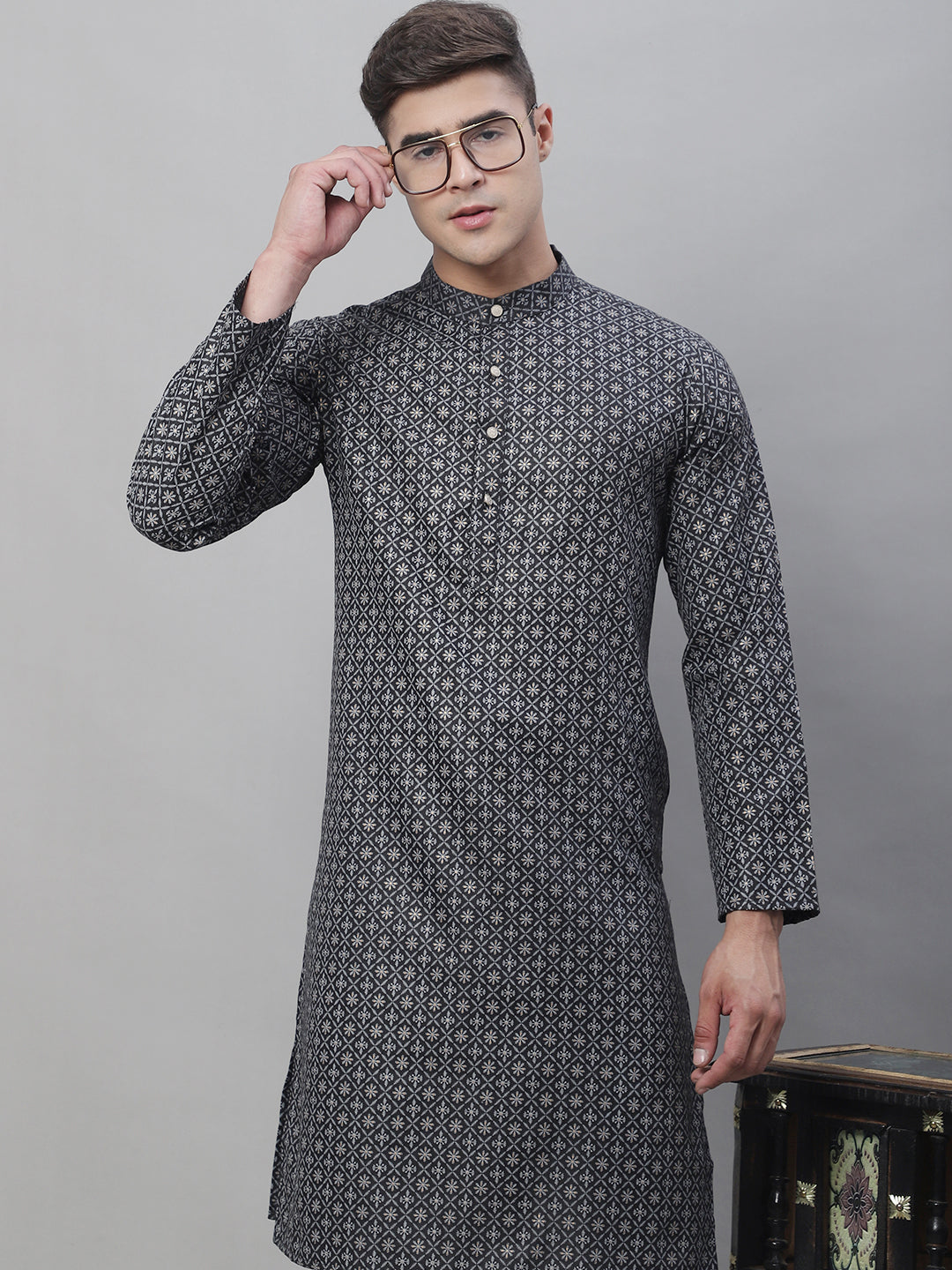 Men's Cotton Linen Foil Printed Black Long Kurta