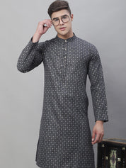 Men's Cotton Linen Foil Printed Black Long Kurta