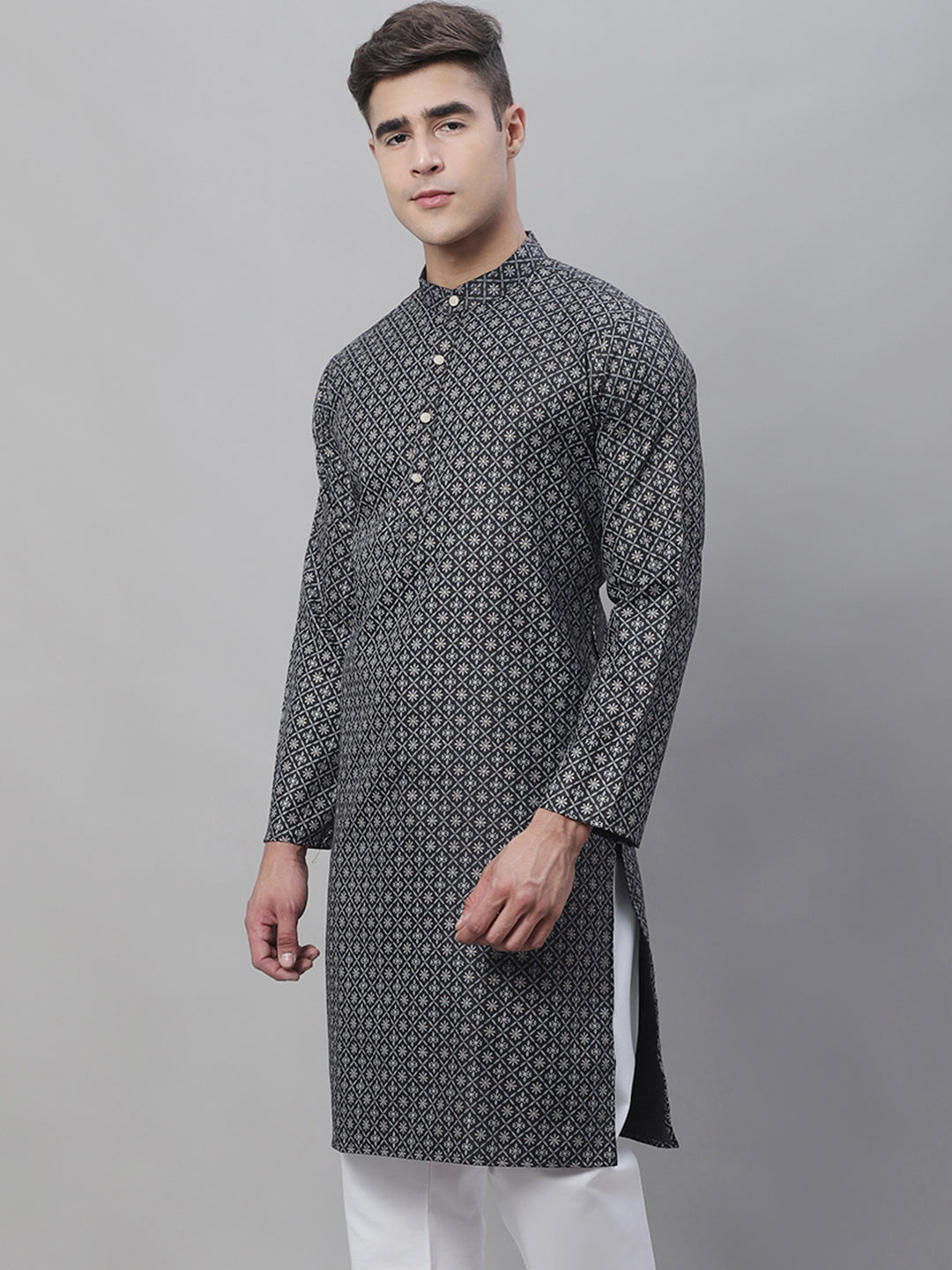 Men's Cotton Linen Foil Printed Black Long Kurta