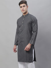 Men's Cotton Linen Foil Printed Black Long Kurta