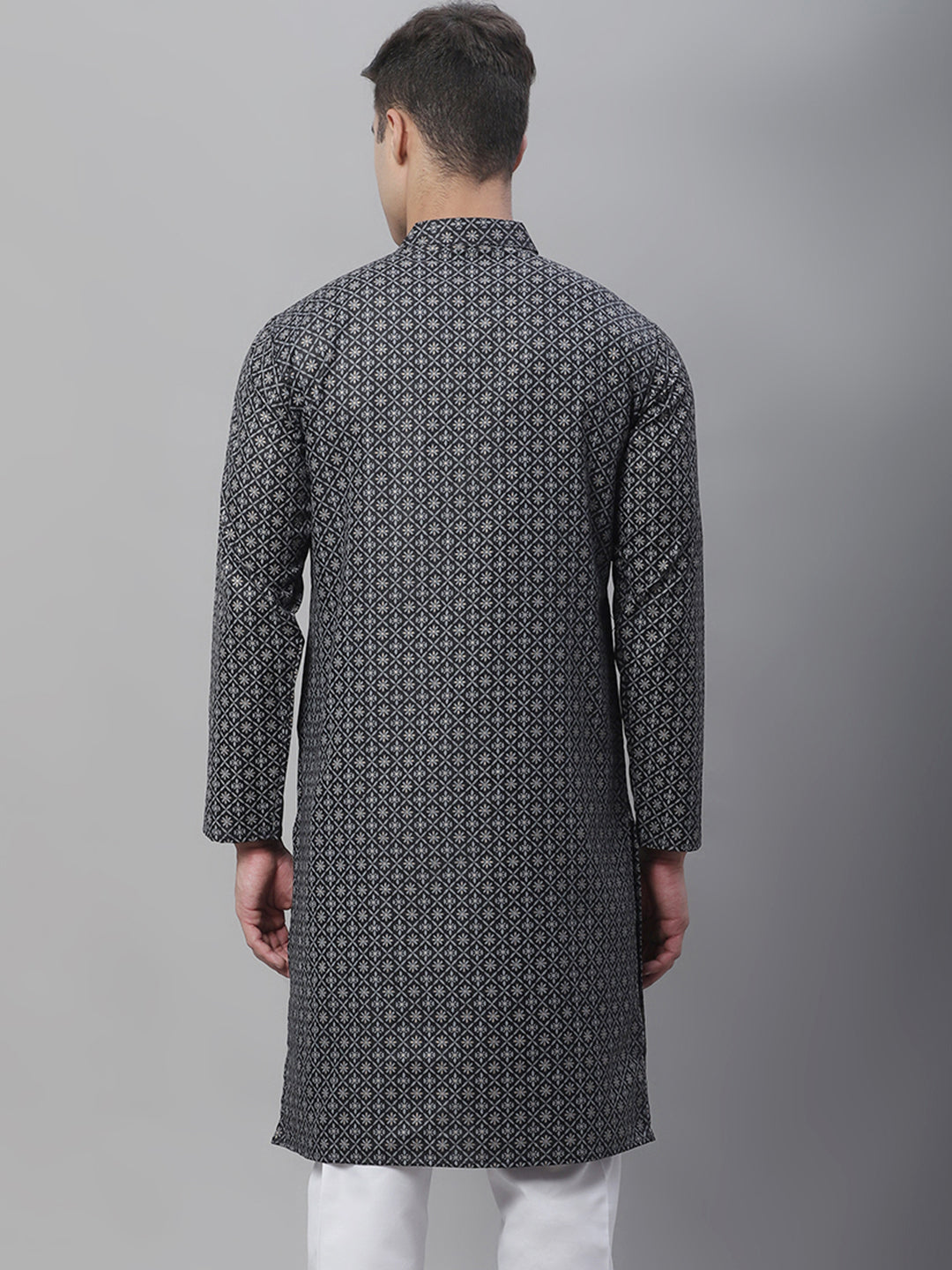 Men's Cotton Linen Foil Printed Black Long Kurta