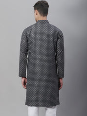 Men's Cotton Linen Foil Printed Black Long Kurta