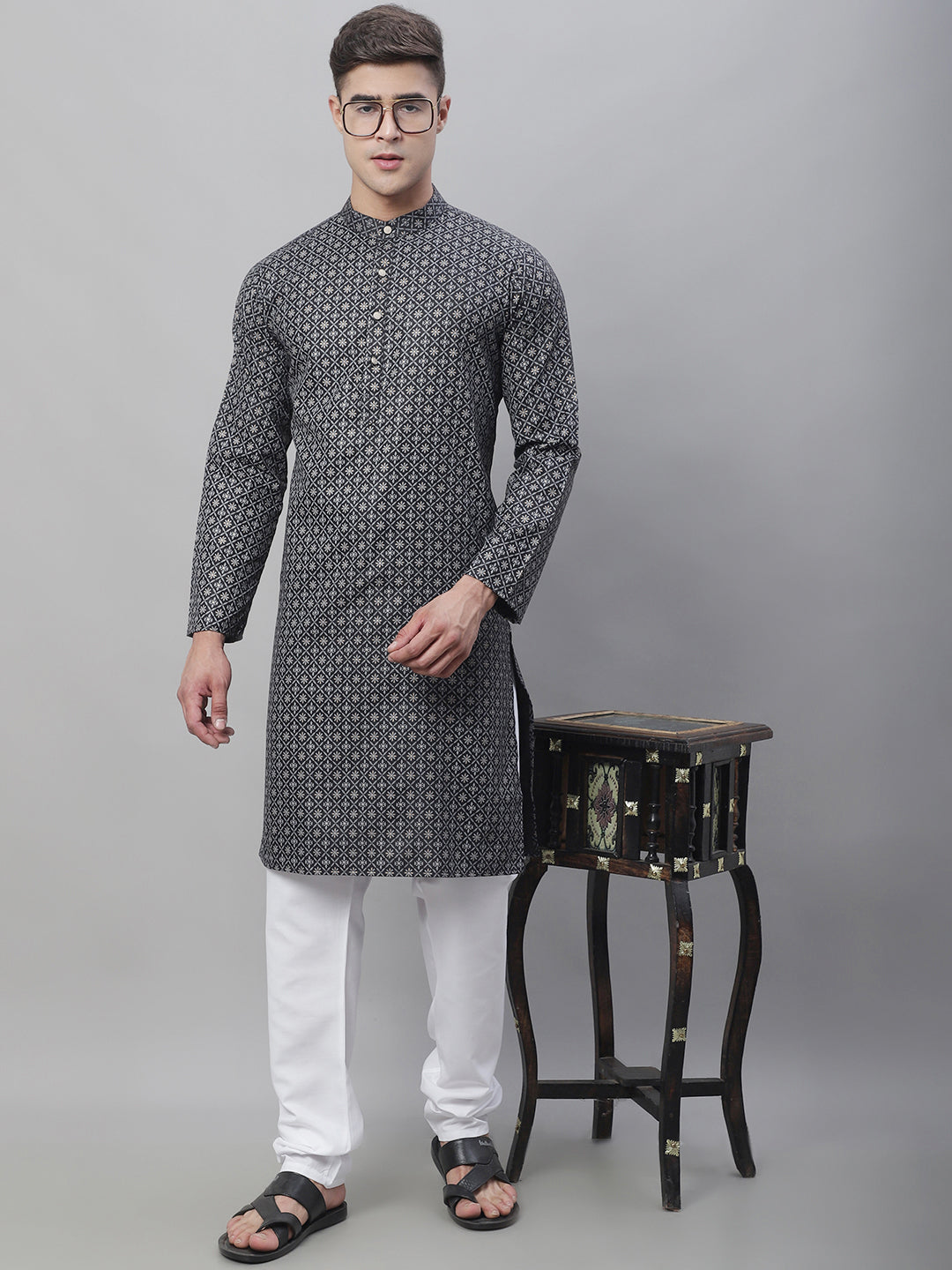 Men's Cotton Linen Foil Printed Black Long Kurta