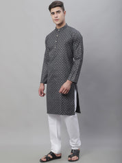 Men's Cotton Linen Black Foil Printed Kurta and White Pyjama Set