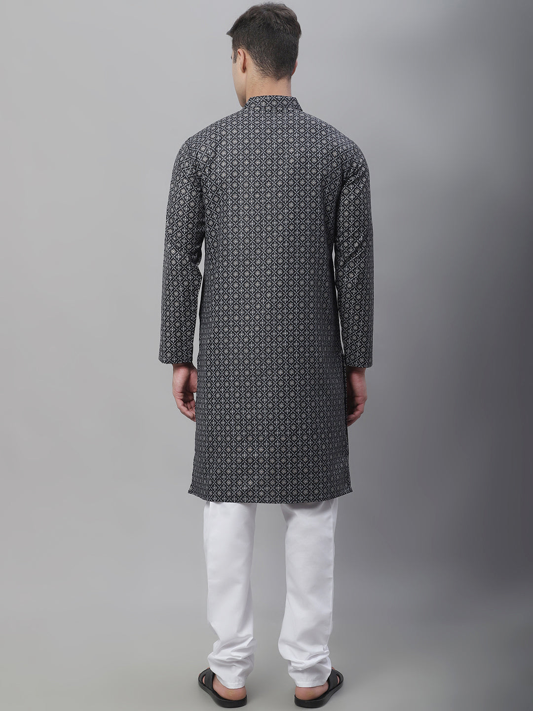 Men's Cotton Linen Black Foil Printed Kurta and White Pyjama Set