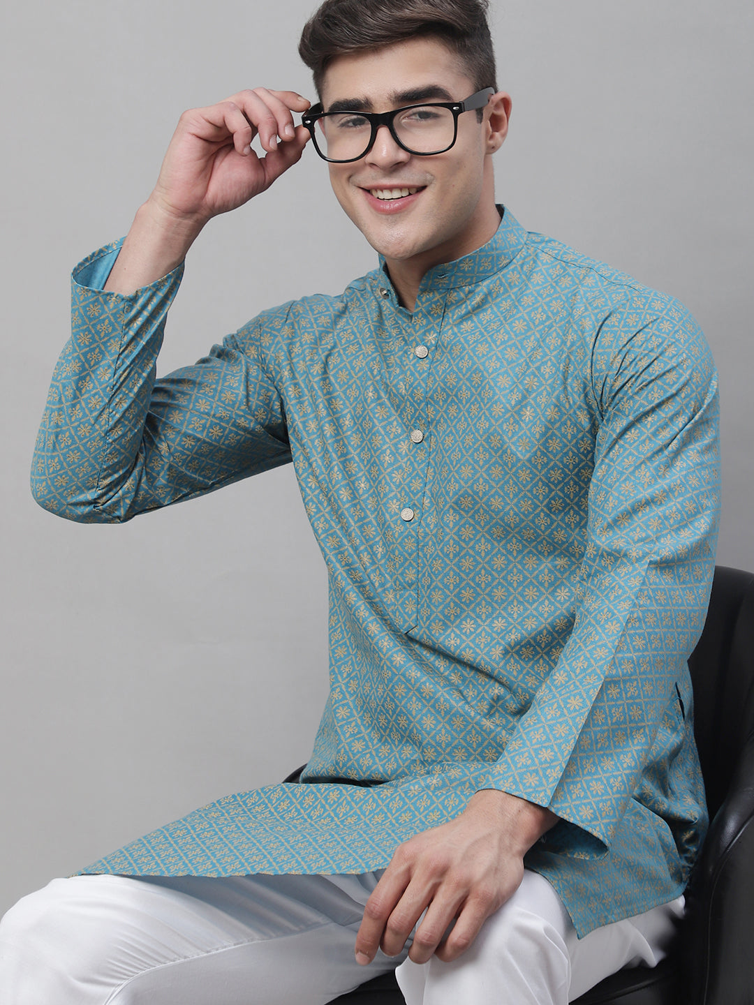 Men's Cotton Linen Foil Printed Peacock Blue Long Kurta