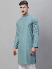 Men's Cotton Linen Foil Printed Peacock Blue Long Kurta