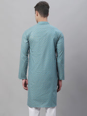 Men's Cotton Linen Foil Printed Peacock Blue Long Kurta