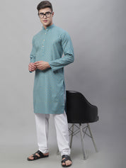 Men's Cotton Linen Foil Printed Peacock Blue Long Kurta