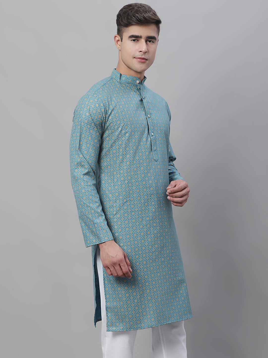 Men's Cotton Linen Foil Printed Peacock Blue Long Kurta