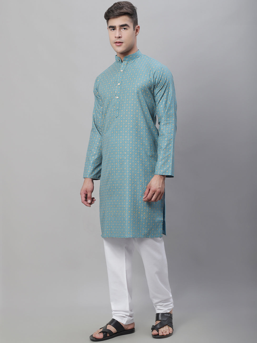 Men's Cotton Linen Peacock Blue Foil Printed Kurta and White Pyjama Set