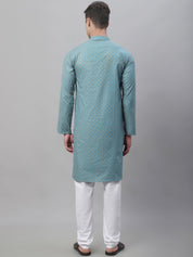 Men's Cotton Linen Peacock Blue Foil Printed Kurta and White Pyjama Set