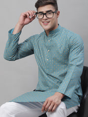 Men's Cotton Linen Peacock Blue Foil Printed Kurta and White Pyjama Set