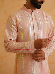 Men's Georgette sequinned mirror embroidered Pink Kurta with Pyjama