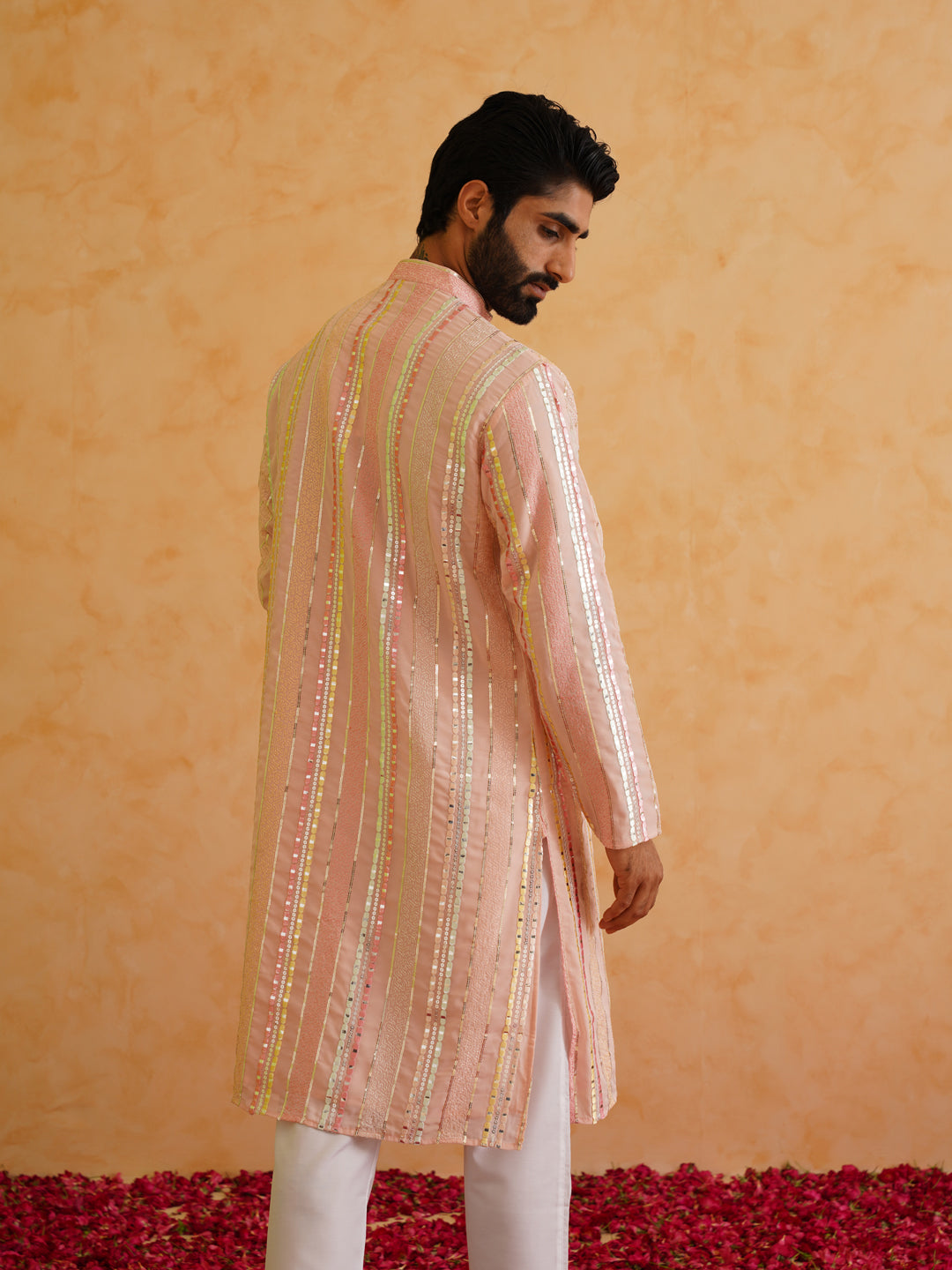 Men's Georgette sequinned mirror embroidered Pink Kurta with Pyjama