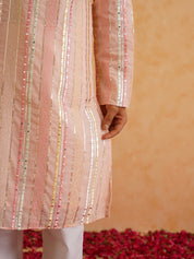 Men's Georgette sequinned mirror embroidered Pink Kurta with Pyjama