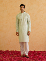 Men's Cotton Silk premium panel embroidery Sea Green Kurta with Pyjama