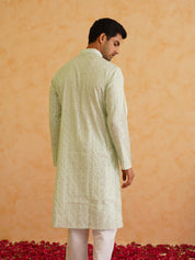 Men's Cotton Silk premium panel embroidery Sea Green Kurta with Pyjama