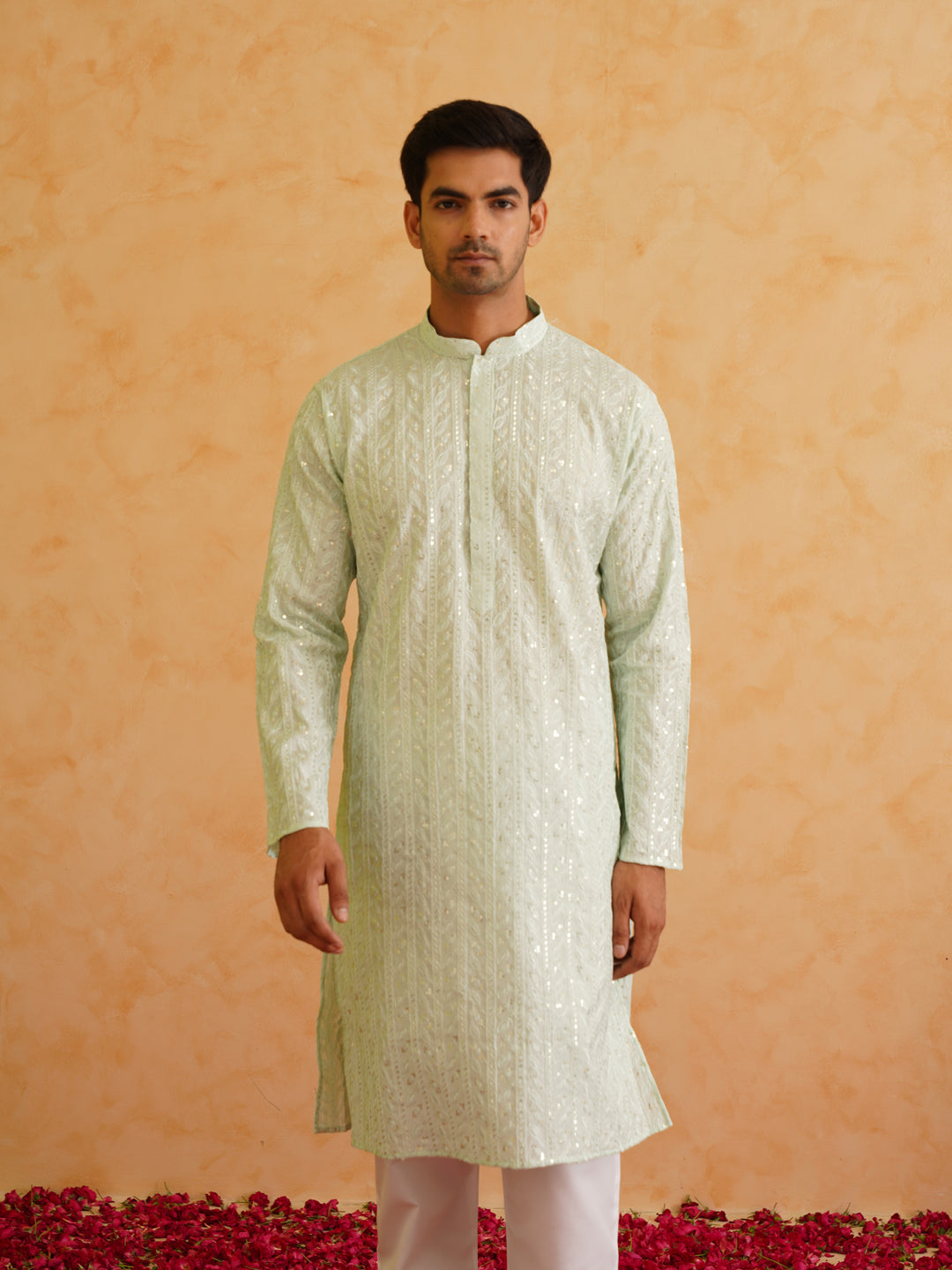 Men's Cotton Silk premium panel embroidery Sea Green Kurta with Pyjama