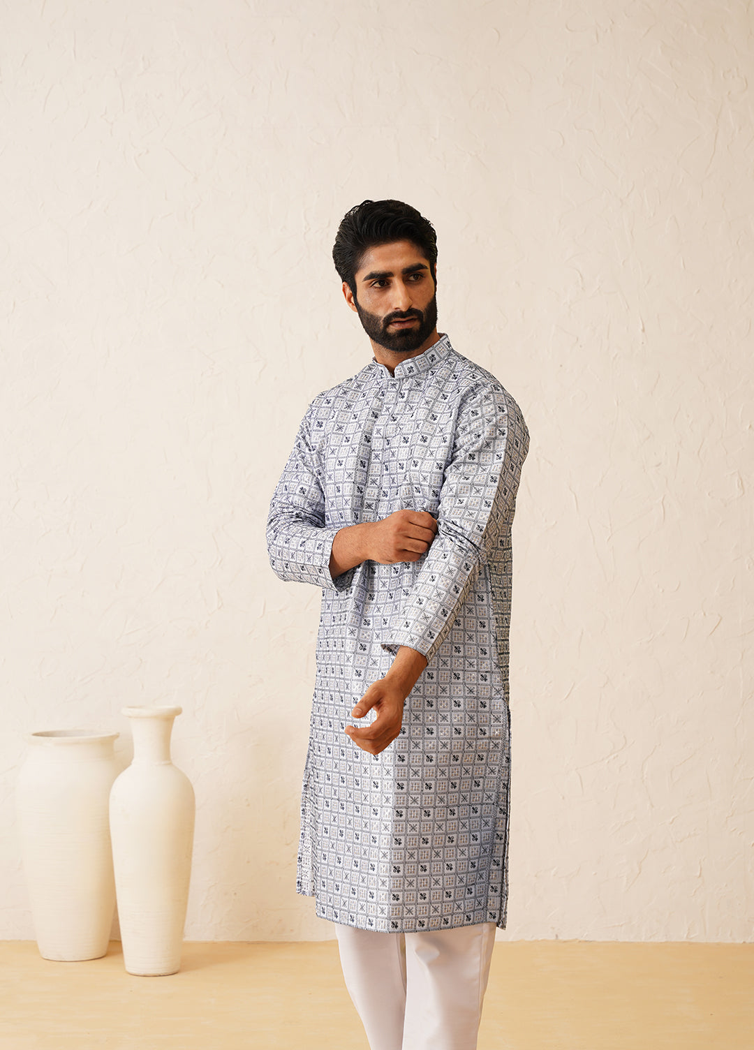 Men's Cotton Silk Heavy Embroidered Blue Kurta