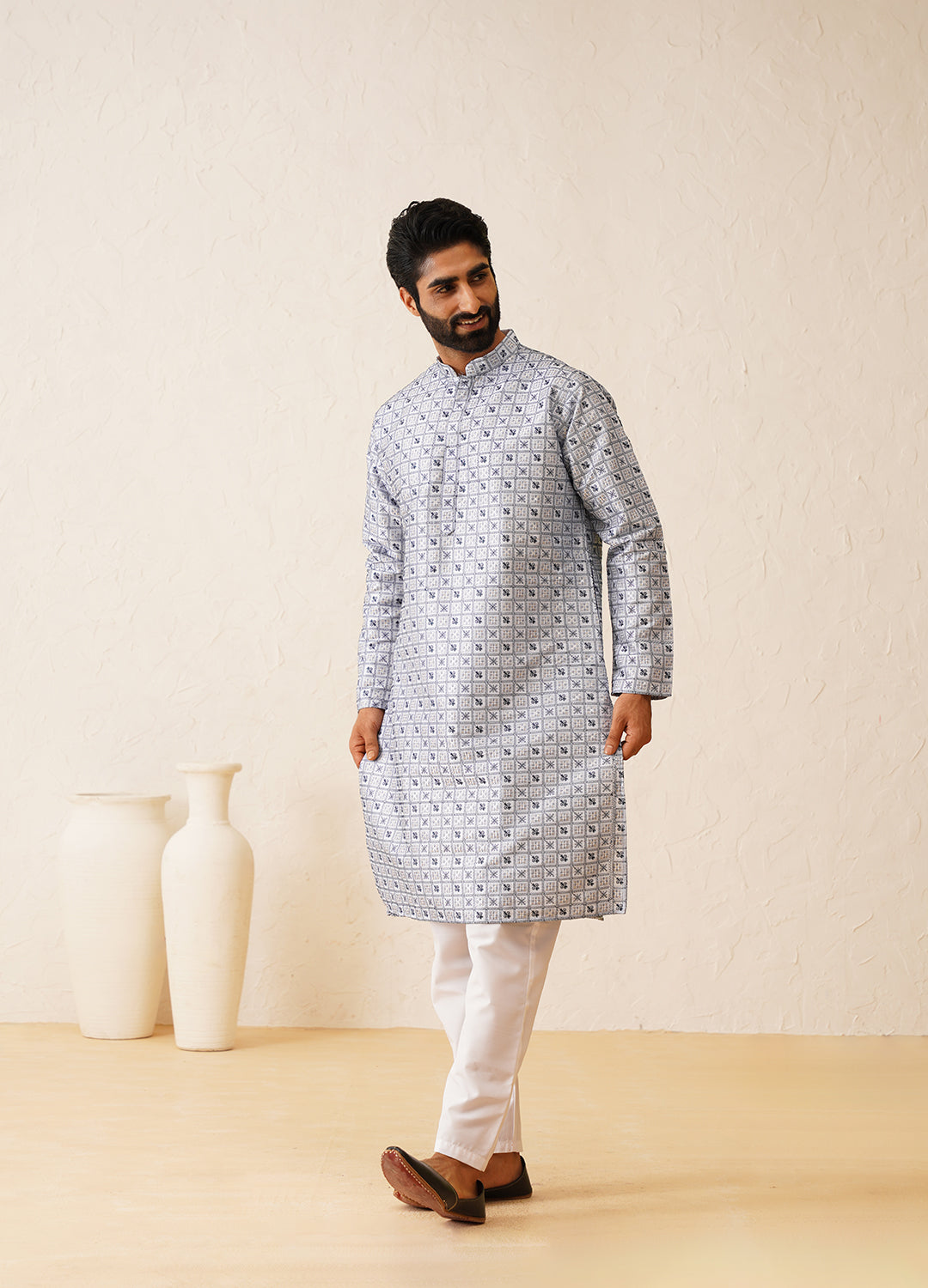 Men's Cotton Silk Heavy Embroidered Blue Kurta