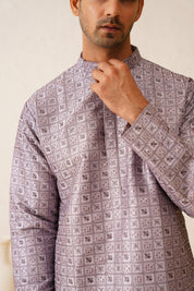 Men's Cotton Silk Heavy Embroidered Purple Kurta