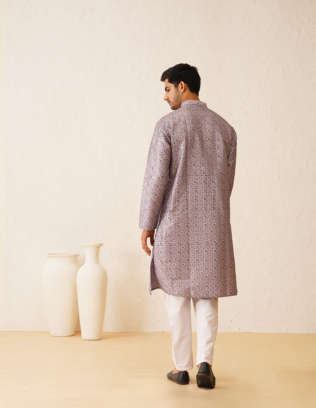 Men's Cotton Silk Heavy Embroidered Purple Kurta