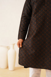 Men's Cotton Silk Heavy Embroidered Black Kurta