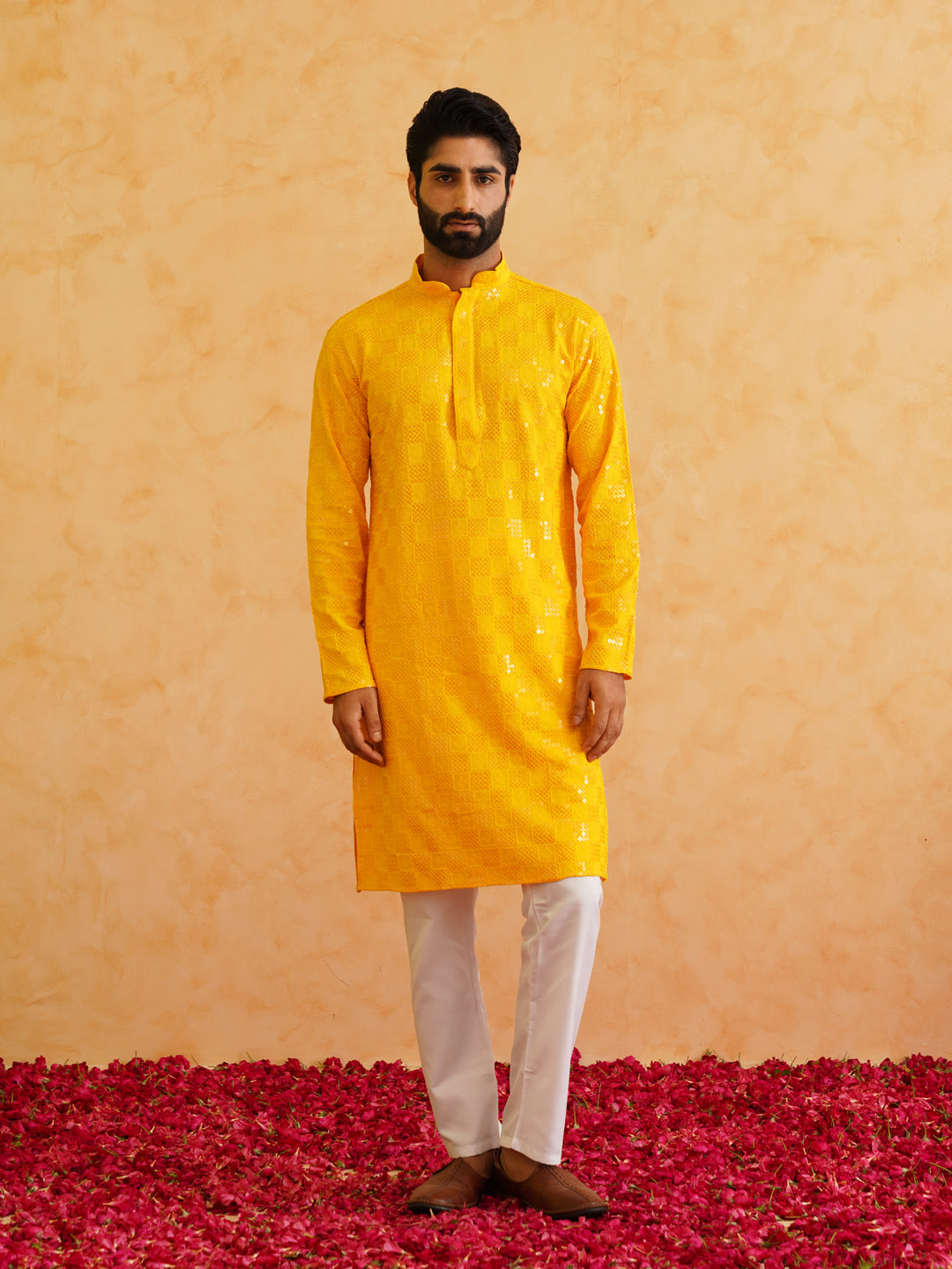 Men's Cotton Embroidered Sequinned Mustard Kurta With white churidar Pyjama